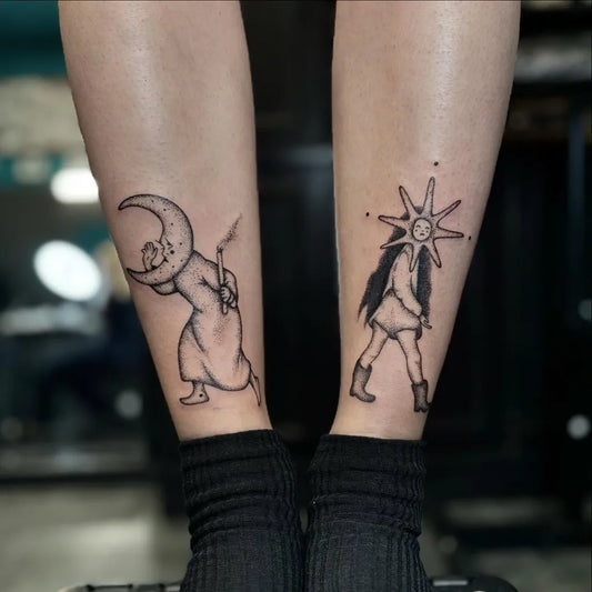 Small Linework Sun and Moon and Figures on Women Legs Tattoo by @persa_tattoo