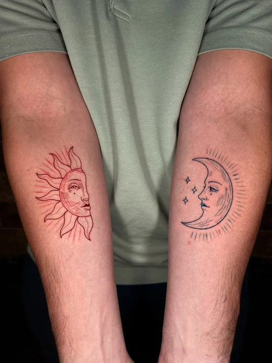 Small Linework Sun and Moon on Men Arms Tattoo by @melaniestereo