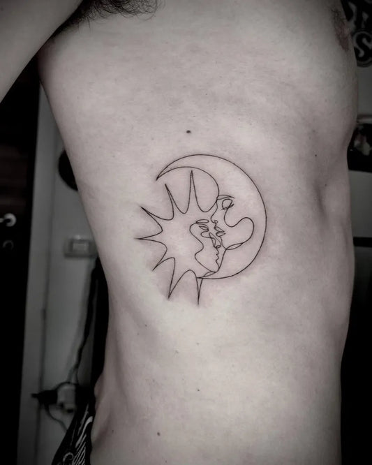 Small Linework Sun and Moon on Men Rib Tattoo by @martinariccitattoo