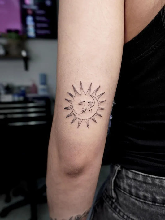 Small Linework Sun and Moon on Women Arm Tattoo by @handicapp_