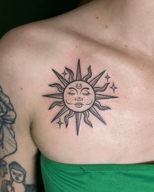 Small Linework Sun and Moon on Women Shoulder Tattoo by @poppy.tattoos