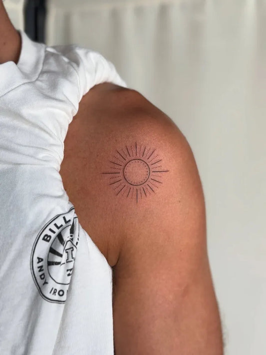 Small Linework Sun on Men Shoulder Tattoo by @mamooodi_ink