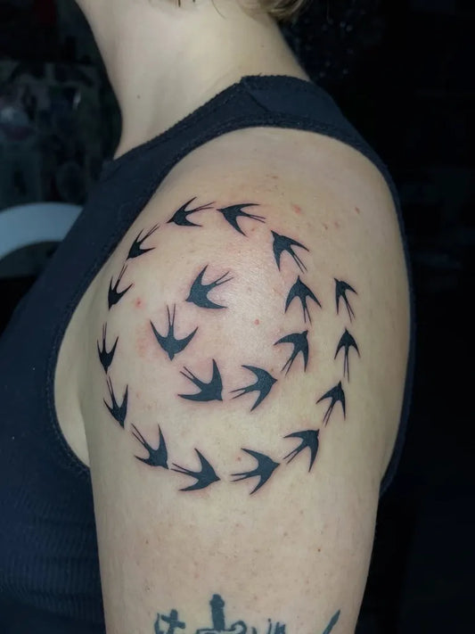 Small Linework Swallow Birds Tattoo on Women Shoulder by @talkshowhost._