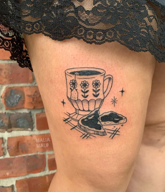 Small Linework Tea Cup Toast on Women Thigh Tattoo by @tamponparty