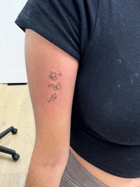Small Linework Three Butterflies on Women Arm Tattoo by @fabulashbylinha