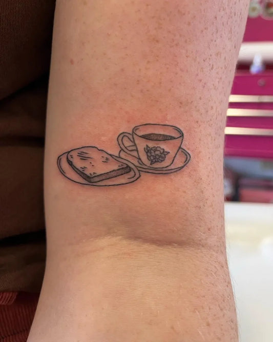 Small Linework Toast and Coffee on Women Arm Tattoo by @hollyxeden