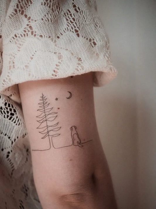 Small Linework Tree Dog Moon Tattoo on Women Arm by @jish.art