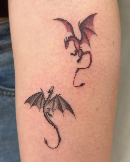 Small Linework Two Dragons on Women Arm Tattoo by @littlefrankiestattoo