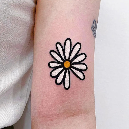 Small Linework White Daisy Tattoo on Women Arm by @childpct