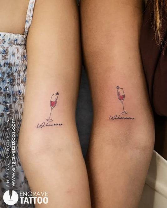Small Linework Wine Glass on Couple Arm Matching Tattoo by @engrave__tattoo