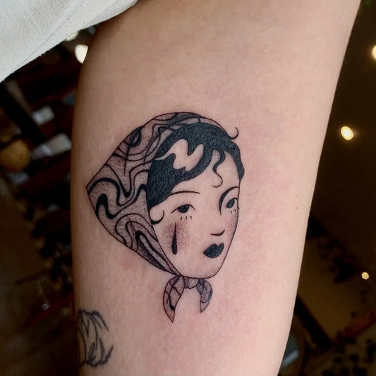 Small Linework Woman in Headscarf on Women Thigh Tattoo by @katxneal.tattoos