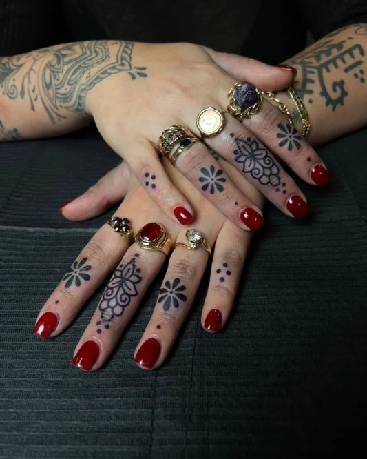 Small Mandala Dots on Women Fingers Tattoo by @verarosatattoo