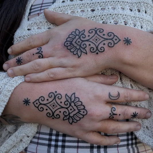 Small Mandala Floral Designs on Women Hands Tattoo by @blacksheepbristol