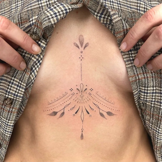 Small Mandala Floral Mandala on Women Sternum Tattoo by @nicc.inkk
