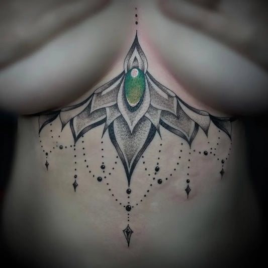 Small Mandala Flower with Gemstone on Women Sternum Tattoo by @avilainkk