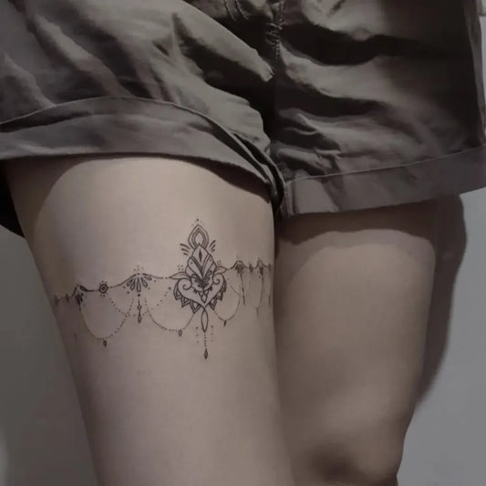 Small Mandala Lace on Women Thigh Tattoo by @chiman_tattoo_art