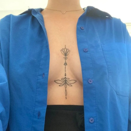 Small Mandala Lotus Mandala on Women Sternum Tattoo by @letsbuzztattoo