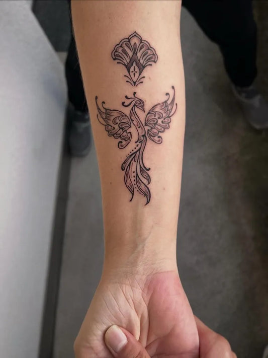Small Mandala Mandala Phoenix on Women Forearm Tattoo by @manic_pixie_tats