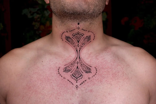 Small Mandala Motif on Men Throat Tattoo by @ninistattoostudio