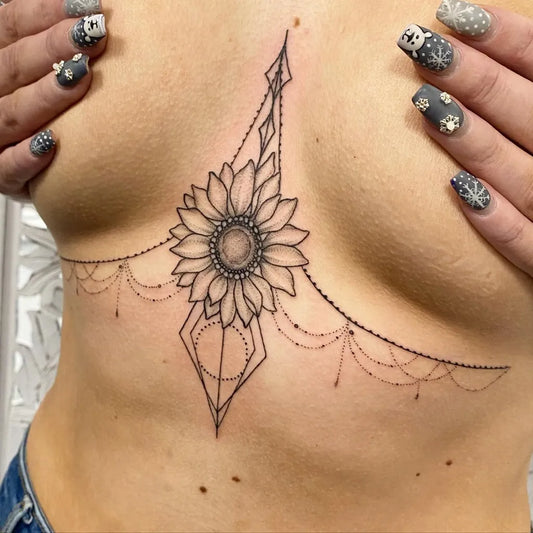 Small Mandala Sunflower on Women Sternum Tattoo by @mkirkuptattoo