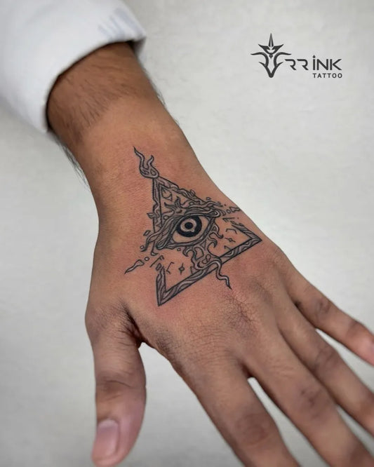 Small Mandala Triangle Eye Compass on Men Wrist Tattoo by @rr_ink_tattoo_cherpulassery