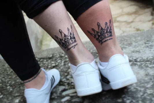 Small Matching Crown Tattoo on Women Ankle by @she_is_baby_blue