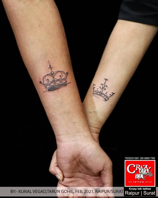 Small Matching Crowns Tattoo on Couple Arms by @crazy_ink_tattoo_raipur