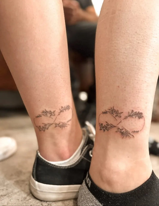 Small Matching Infinity with Lavender Tattoo on Women Ankle by @pa._fineline.ink