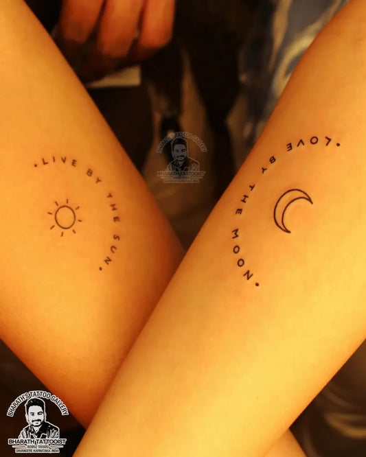 Small Matching Minimalist Sun Moon Text on Women Leg Tattoo by @bharathtattooist