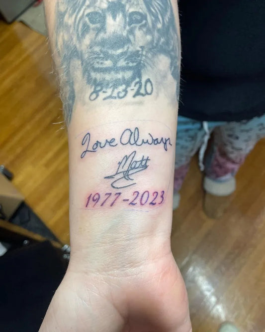 Small Memorial Tiger Love Matt Memorial on Men Wrist Tattoo by @raegan.c.garza26