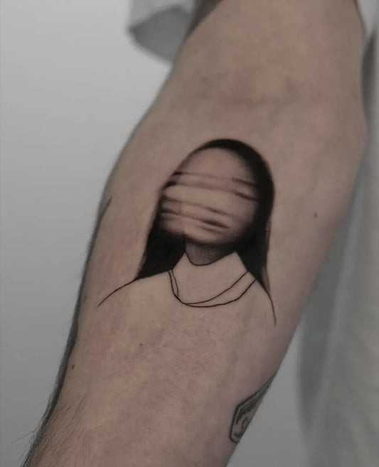 Small Micro Realism Blindfolded Woman on Men Arm Tattoo by @adrireigada