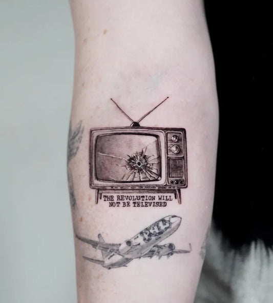 Small Micro Realism Broken TV and Airplane on Women Arm Tattoo by @saintmichaeltattoo