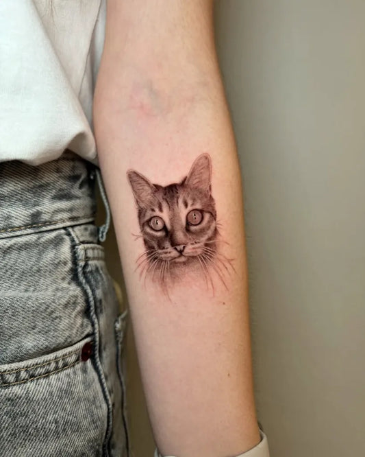 Small Micro Realism Cat Head on Women Arm Tattoo by @derain_tattoo