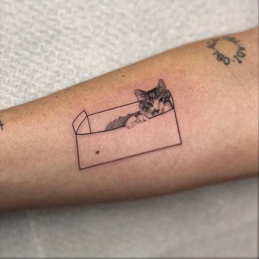 Small Micro Realism Cat in Box on Women Arm Tattoo by @ink.byruby