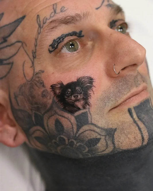 Small Micro Realism Chihuahua Mandala Script on Men Face Tattoo by @amybillingtattoo