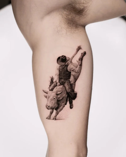 Small Micro Realism Cowboy Riding Bull on Men Arm Tattoo by @jankyjake_tattoos