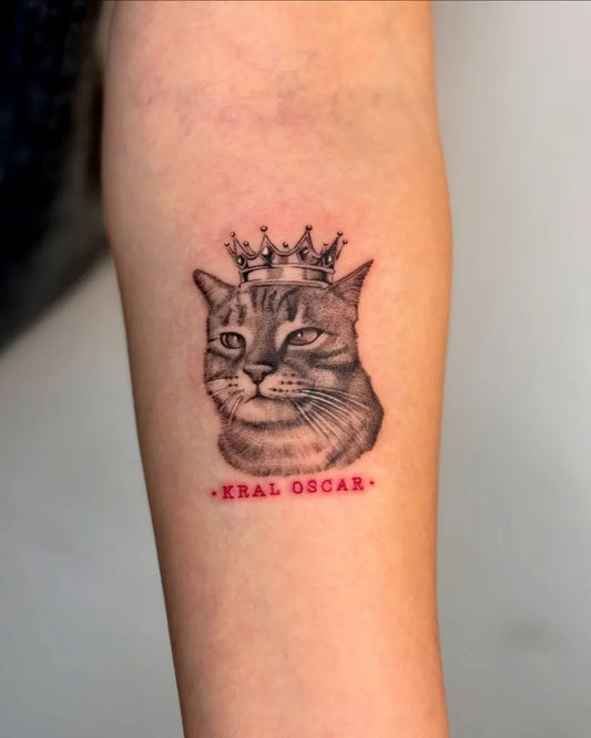 Small Micro Realism Crowned Cat with Name on Women Arm Tattoo by @olgatatts