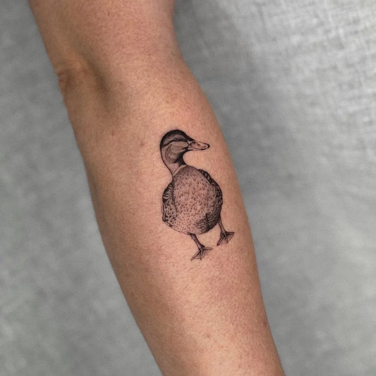 Small Micro Realism Duck on Women Arm Tattoo by @tattoosbyjus