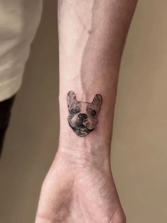 Small Micro Realism French Bulldog on Men Wrist Tattoo by @kria_porto