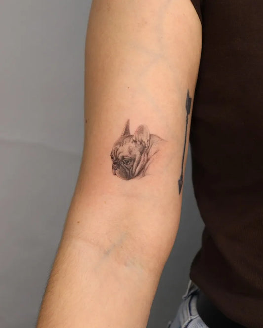 Small Micro Realism French Bulldog on Women Arm Tattoo by @tattoo_kotova