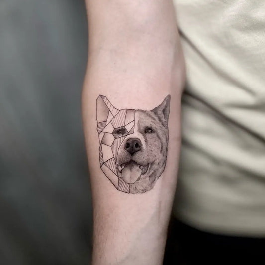 Small Micro Realism Geometric Dog on Men Arm Tattoo by @heztorblanco
