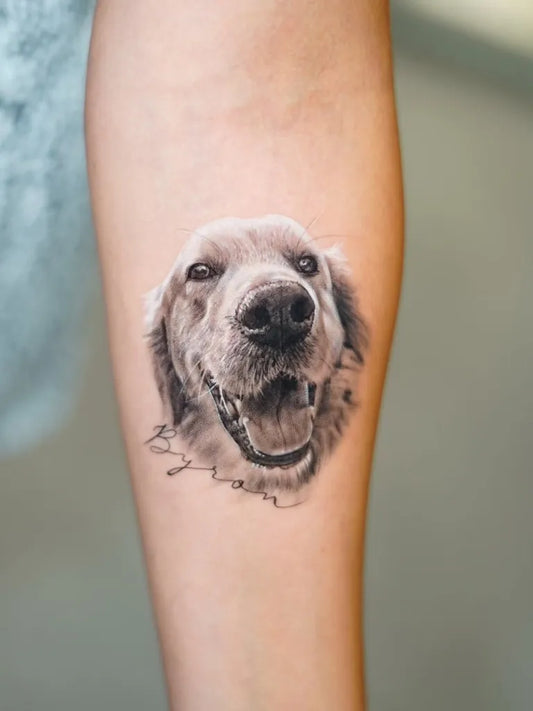 Small Micro Realism Golden Retriever Portrait on Women Arm Tattoo by @daviddazetattoo