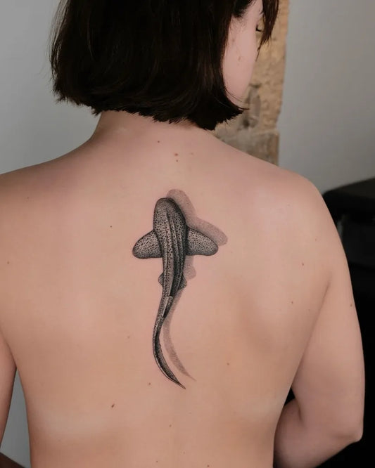 Small Micro Realism Hammerhead Shark on Women Back Tattoo by @eklor.ttt