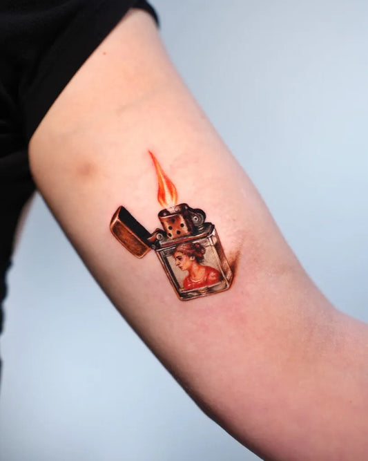 Small Micro Realism Lighter with Pinup Woman on Women Arm Tattoo by @yarsugenc.tattoo