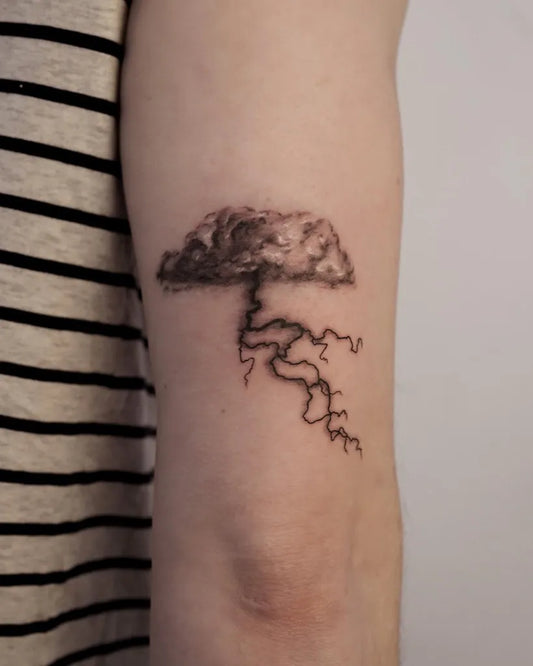 Small Micro Realism Lightning Cloud Tattoo on Women Arm by @jamjam.tattoo