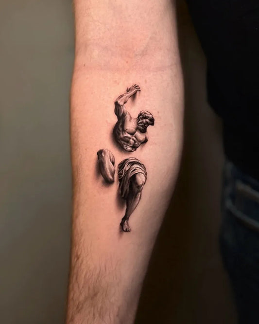 Small Micro Realism Muscular Figure with Hammer on Men Forearm Tattoo by @jasonkeehntattoo