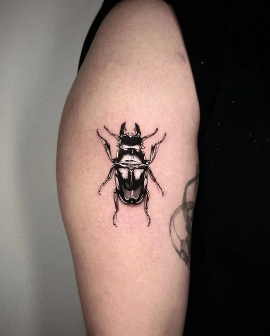 Small Micro Realism Stag Beetle on Men Arm Tattoo by @mathisxavier.tattoo