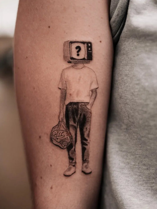 Small Micro Realism TV Head Man on Arm Tattoo by @naturaffection.ttt