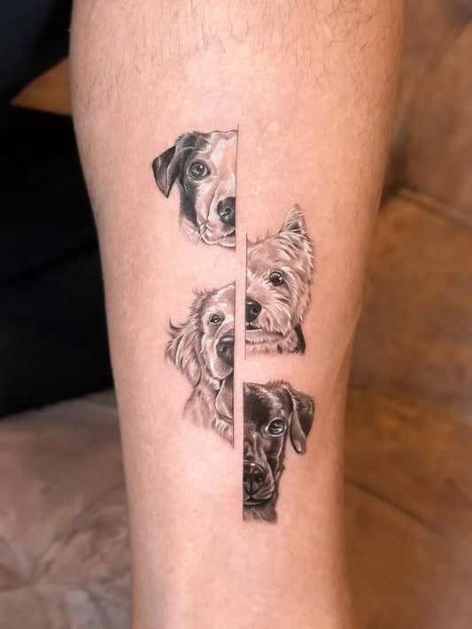 Small Micro Realism Three Dog Portraits on Men Leg Tattoo by @tayeh.studio