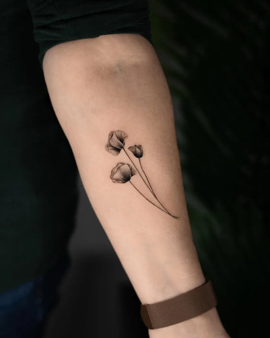 Small Micro Realism Three Poppy Flowers on Men Forearm Tattoo by @giaroseroart